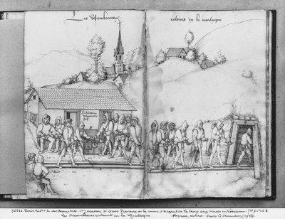 Mina de plata de La Croix-aux-Mines, Lorena, fol.7v y fol.8r, recolectores entrando en la mina, c.1530 de Heinrich Gross or Groff